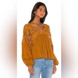 Free People Womens Lina Lace Oversized Blouse Top Bronze Size Small